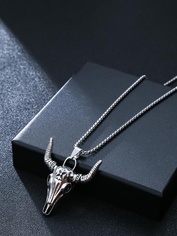 Men's Vintage Style Cow Head Design Pendant Necklace, Minimalist Chain Necklace, Casual Alloy Accessories