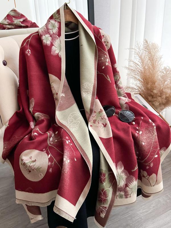 Women's Floral Print Double Sided Shawl, Boho Style Thickened Warm Scarf for Fall & Winter, Fashion Accessories for Women & Girls