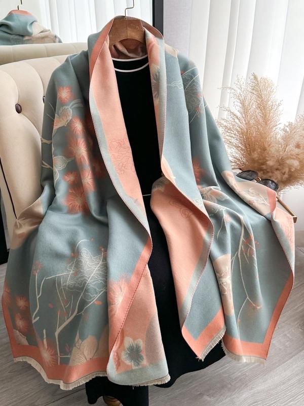 Women's Floral Print Double Sided Shawl, Boho Style Thickened Warm Scarf for Fall & Winter, Fashion Accessories for Women & Girls