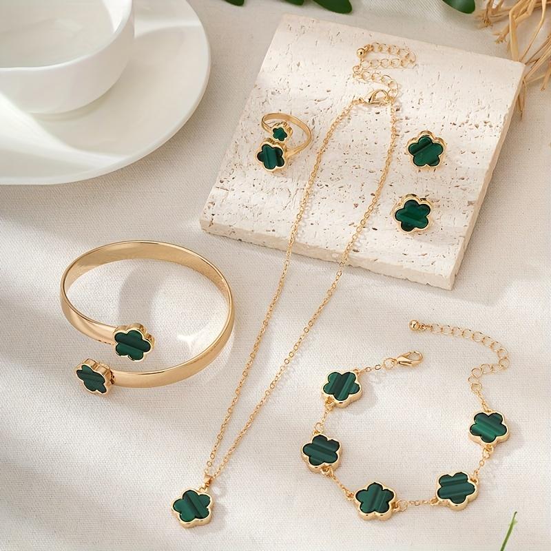 1 Pair Stud Earrings +1 Pc Necklace +1 Pc Bracelet +1 Pc Bangle +1 Pc Ring With Lucky Flower Design Alloy Jewelry Set Trendy Female Gift