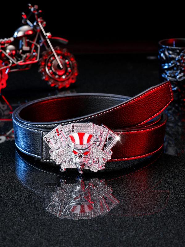 Men's Punk Style Fashion Rhinestones Decorated Poker Design Belt, Casual Trendy Pu Buckle Belt, Fashionable Belt for Daily & Party Clothing Decoration