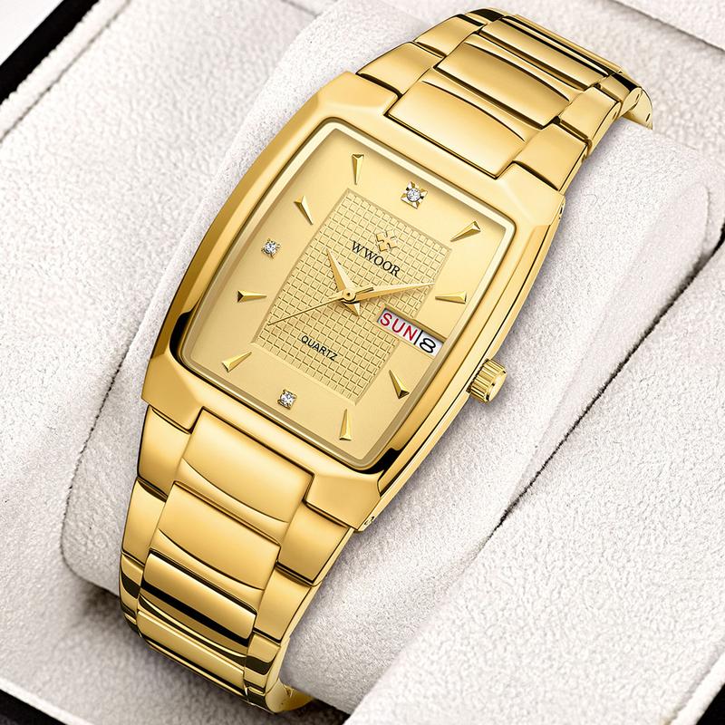 WWOOR Square Gold Watches for Men Stainless Steel Luxury Business Waterproof Wristwatches Fashion Quartz Classic Wrist Watches Relojes para hombre