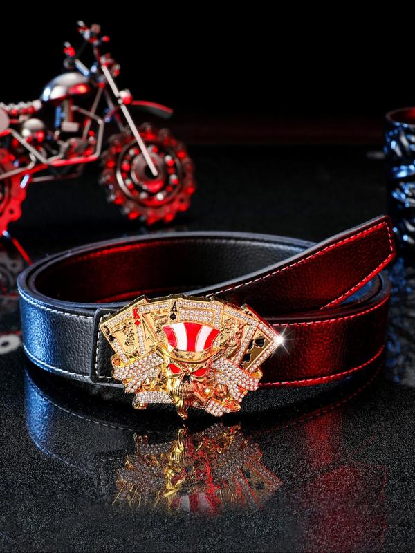 Men's Punk Style Fashion Rhinestones Decorated Poker Design Belt, Casual Trendy Pu Buckle Belt, Fashionable Belt for Daily & Party Clothing Decoration