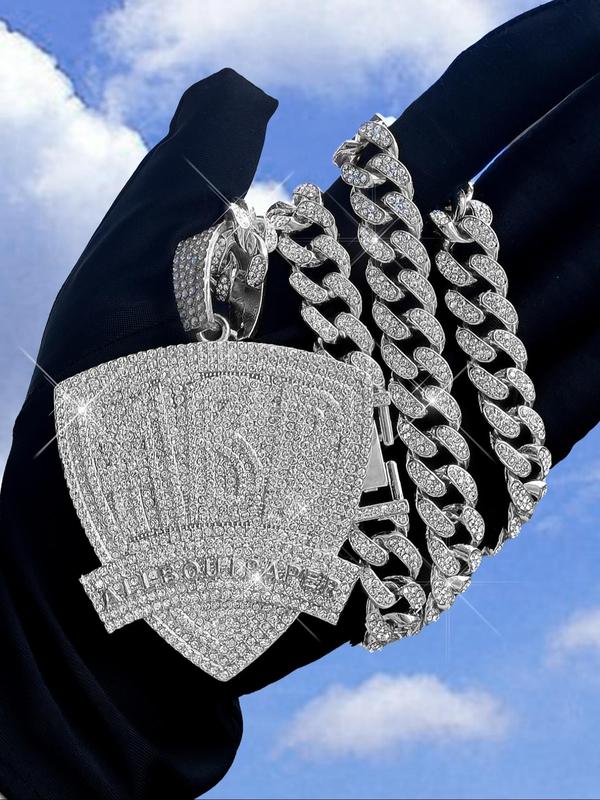 Rhinestone Decorated Letter Shield Pendant Necklace & Cuban Chain Bracelet, Hip Hop Jewelry Set for Party, Daily Clothing Decor for Men & Women