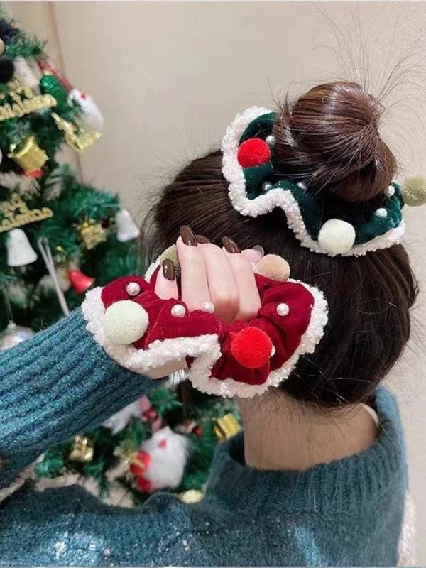 Cute Christmas Themed Hair Ties, 2024 New Style Plush Hair Ties with Pom Pom Decor, Fashion Hair Accessories for Women, Hairstyles Ideas for Girls