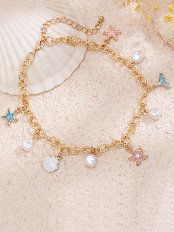 Boho Style Starfish & Faux Pearl Decor Adjustable Necklace & Bracelet, Marine Life Design Jewelry Set for Women, Fashion Accessories for Beach Party Vacation