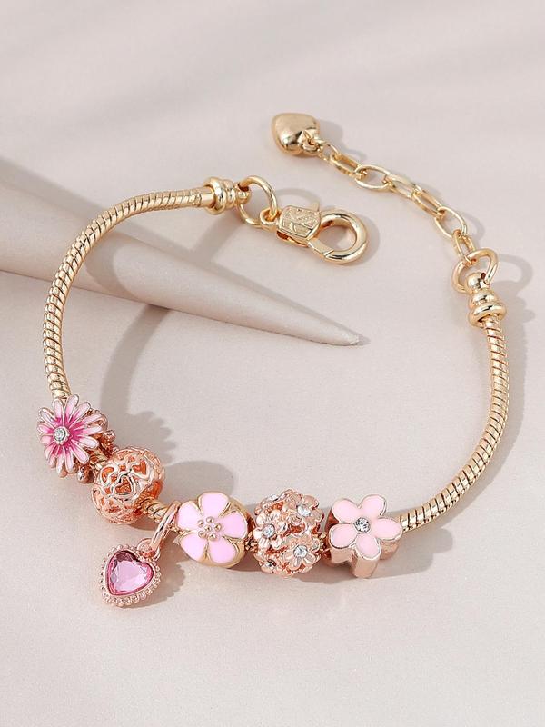 Women's Boho Rhinestone Decor Matching Bracelet, Flower & Heart Design Bracelets, Trendy Vintage Exquisite Bracelet, Gorgeous Jewelry for Women and Girls