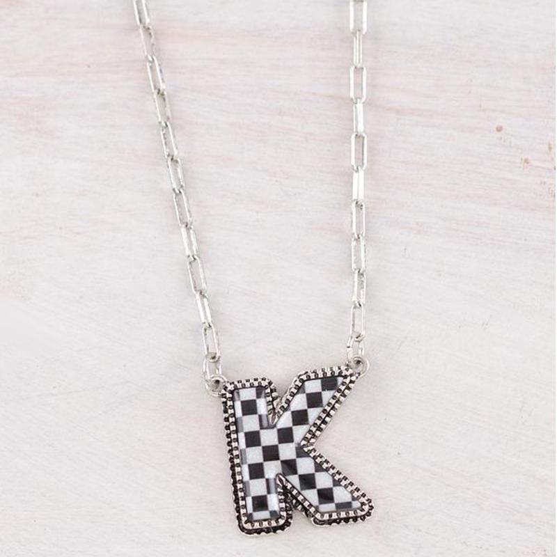 Checkered Initial Pendant Necklace with Lobster Claw Closure - 18 Inches