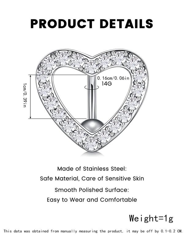 Rhinestone Heart Shaped Belly Ring,  Stainless Steel Body Piercing Jewelry for Women & Girls, Body Jewelry for Party, Daily Clothing Decor, Trendy All-match & Exquisite Jewelry for Birthday Gift