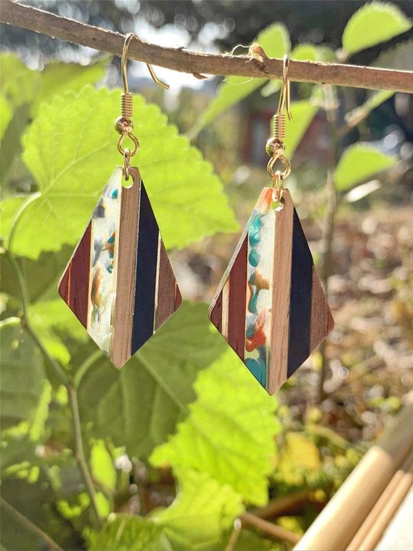 1 Pair Boho Style Wooden Geometric Design Dangle Earrings, Fashionable Random Patchwork Pattern Earrings Jewelry for Women, Trendy Accessories for Party and Daily Life