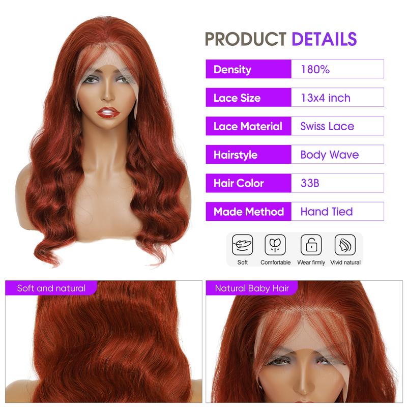 UNIUS 180% Density Reddish Brown Lace Front Wigs Human Hair Pre Plucked 33B,13x4 Body Wave Copper Wig Auburn Colored Human Hair Lace Front Wigs for Women