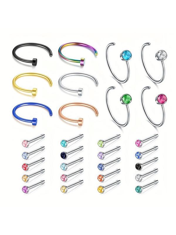 30pcs set Rhinestone Decor Nose Ring, Stainless Steel Nose Ring, Body Piercing Jewelry For Men & Women