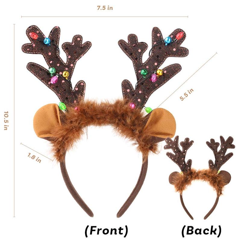 Reindeer Antlers Headband, LED Deer Antlers Headband with Bells Light Up Christmas Reindeer Ears Headband