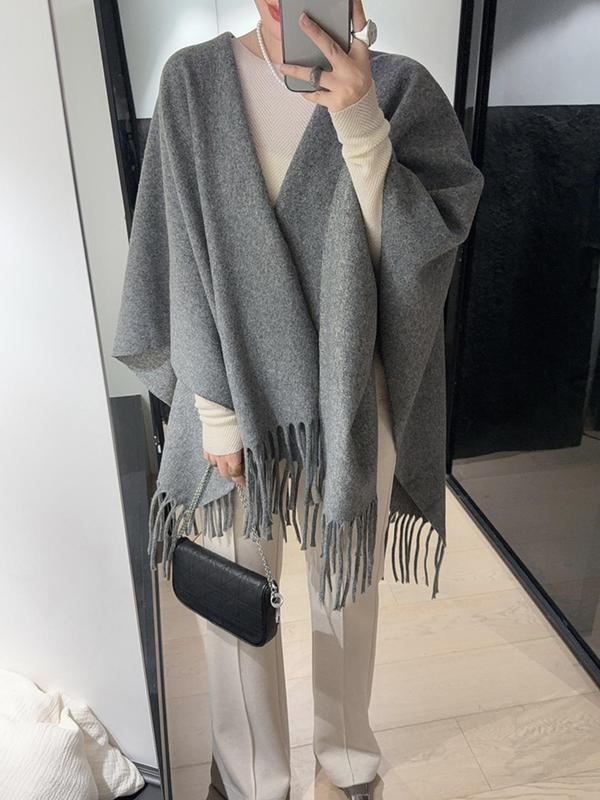 Women's Solid Color Tassel Decor Cape Shawl, Casual Fringe Trim Long Shawl for Fall & Winter, Fashion Clothes Accessories for Women & Girls