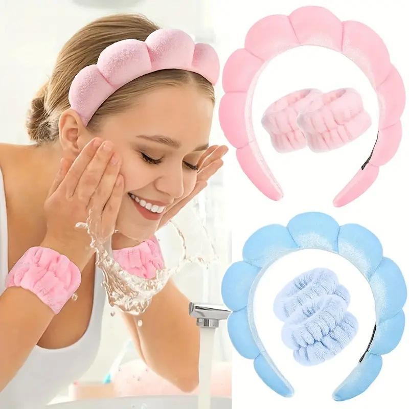 Spa Headbands for Washing Face, Makeup and Skincare. 3 Pc Set of Skin Care Head band with Wristbands.   Non Slip Get Ready Hairband for Women, Teens, Girls.  Cute Hair Accessories.