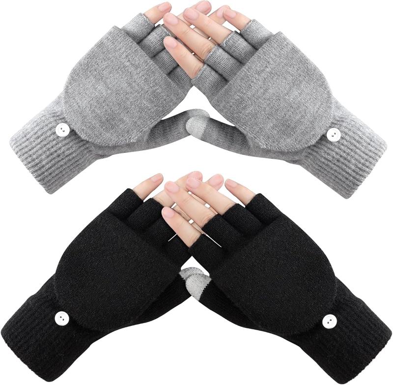 Winter Fingerless Gloves for Women, 2 Pairs Convertible Half Finger Womens Winter Gloves Mittens, Thick Warm Gloves