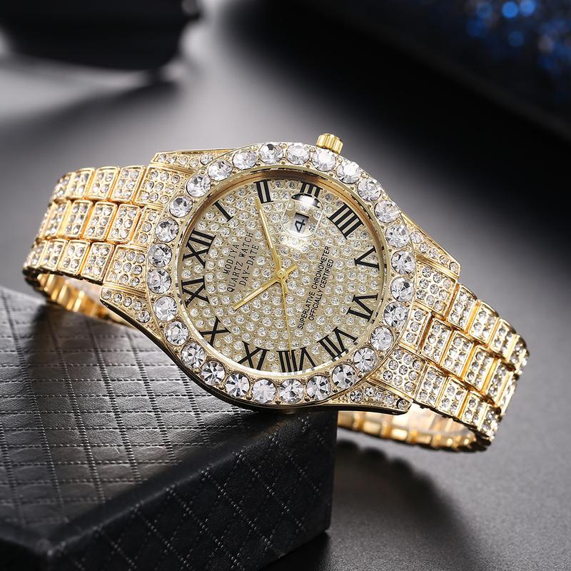 Diamond Dial Roman Scale Steel Watch Men's Calendar Quartz Watch Starry Men's Watch