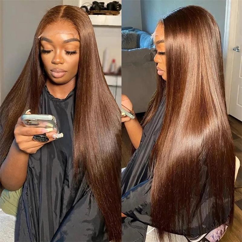 13x4 13x6 Chocolate Brown Straight Lace Front Wig HD Transparent Lace Frontal Wig Human Hair Preplucked Colored Human Hair Wigs 180% Buy 1 Chocolate Brown Color Wig Get 1 Pink Bag 1 HD Wig Cap 1 Brown Wig Cap and 1 Eyelashes