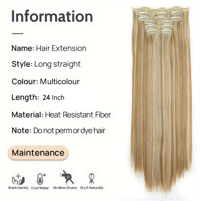 6pcs Pack 24 inch Clip in Hair Extensions Synthetic Hair Extensions 145g 6pcs Natural Straight Beginner Friendly Hairpieces for Women's Daily Wear for Any Occasion, Party, Club, Christmas, Natural Looking Soft, Smooth, Easy to Apply,  Great Christmas Gift