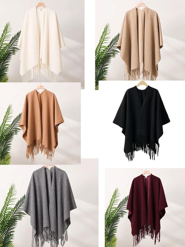 Women's Solid Color Tassel Decor Cape Shawl, Casual Fringe Trim Long Shawl for Fall & Winter, Fashion Clothes Accessories for Women & Girls