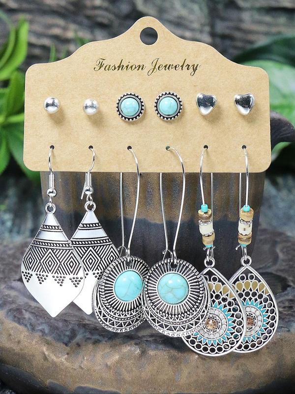 Vintage Boho Style Turquoise Texture Design Earrings Set, Fashionable Hollow Jewelry Set for Women & Girls, Trendy Accessories for Party and Daily Life