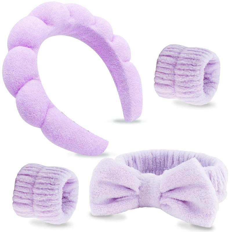 4 count  Headband,  Wash Headband, Skincare Headbands, Makeup Headband, Purple Puffy Sponge Hair Band Bow Tie Bubble  Headband Wristband Set Women Girls Hair Accessories Gifts