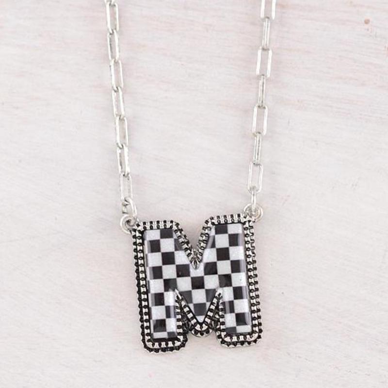 Checkered Initial Pendant Necklace with Lobster Claw Closure - 18 Inches