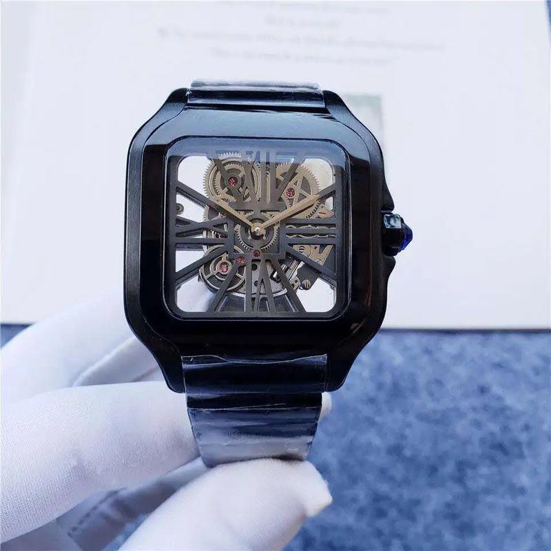 wrist watch men luxury customised skeleton mechanical solid steel square watches branded watches for men hollow out movement