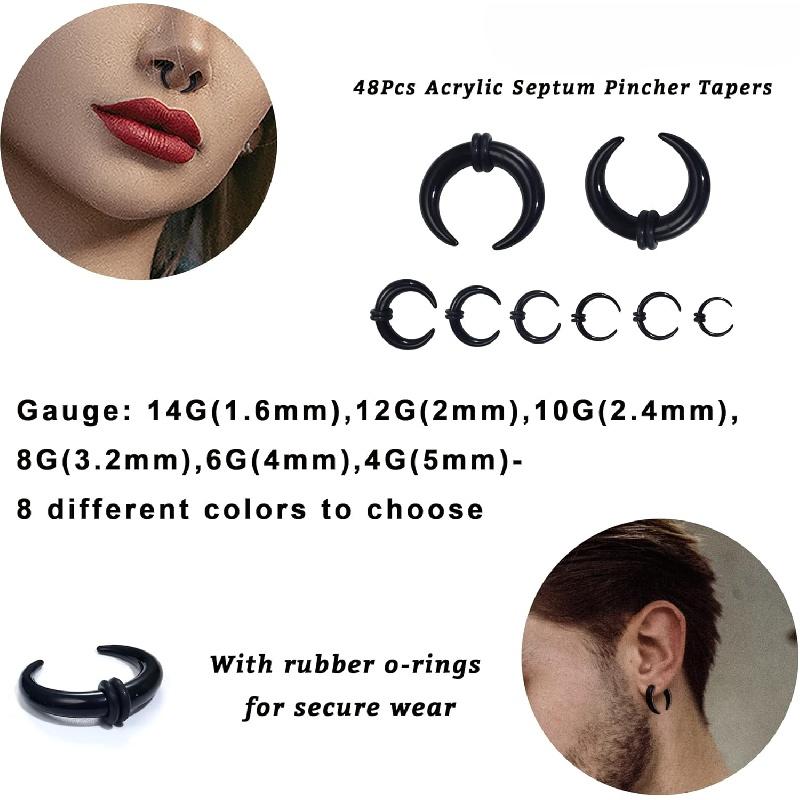 48Pcs Acrylic Septum Stretching Kit 14G 12G 10G 8G 6G 4G Septum Ring C Shape Buffalo Pincher Septum Gauge Kit Piercing Jewelry With Black O-Rings For Stretching Pierced Nose Ear Cartilage