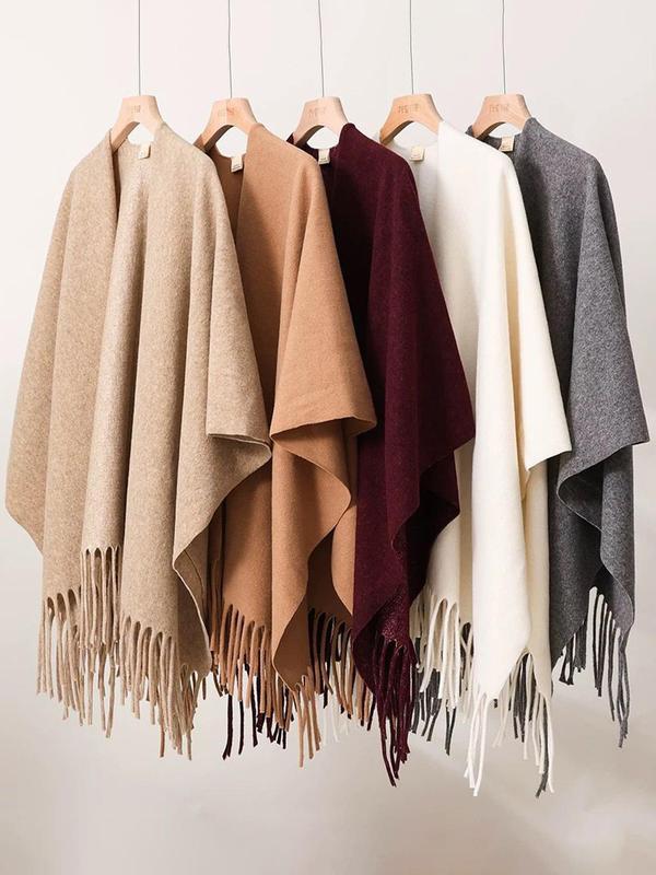 Women's Solid Color Tassel Decor Cape Shawl, Casual Fringe Trim Long Shawl for Fall & Winter, Fashion Clothes Accessories for Women & Girls