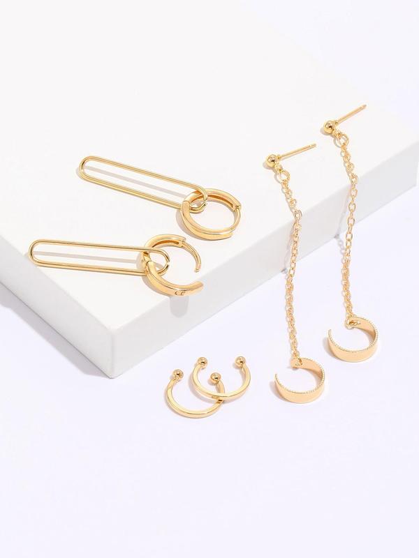 Women's Simple Style Plain Geometric Design Dangle Earrings, Trendy Chain Decor Ear Cuff Studs, Simple Style Ear Cuff, Fashionable Earrings Set Jewelry