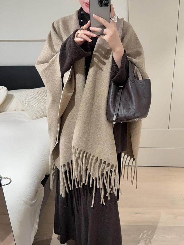 Women's Solid Color Tassel Decor Cape Shawl, Casual Fringe Trim Long Shawl for Fall & Winter, Fashion Clothes Accessories for Women & Girls