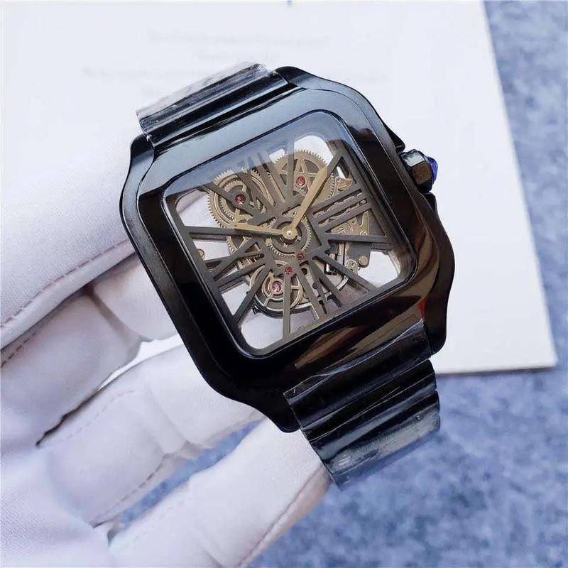 wrist watch men luxury customised skeleton mechanical solid steel square watches branded watches for men hollow out movement