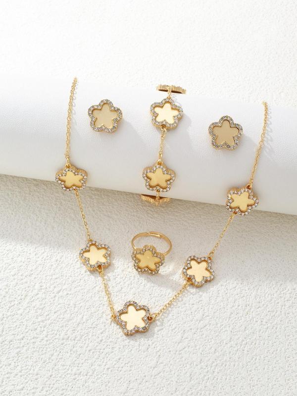 Women's Elegant Rhinestone Decor Flower Design Necklace & Stud Earrings & Ring & Bracelet, Exquisite Trendy Jewelry Set, Fashionable Accessories for Party & Daily