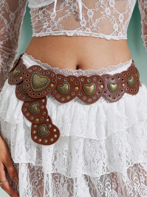 Women's Boho Style Heart Decor Grommet Eyelet Western Belt, Vintage Trendy Waistband, Fashionable Clothes Accessories for Daily & Party Decoration