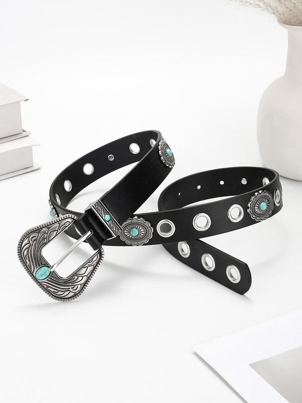 Women's Punk Style Turquoise Texture Decor Western Belt, 2024 New Style Vintage Trendy Waistband, Fashionable Clothes Accessories for Daily & Party Decoration