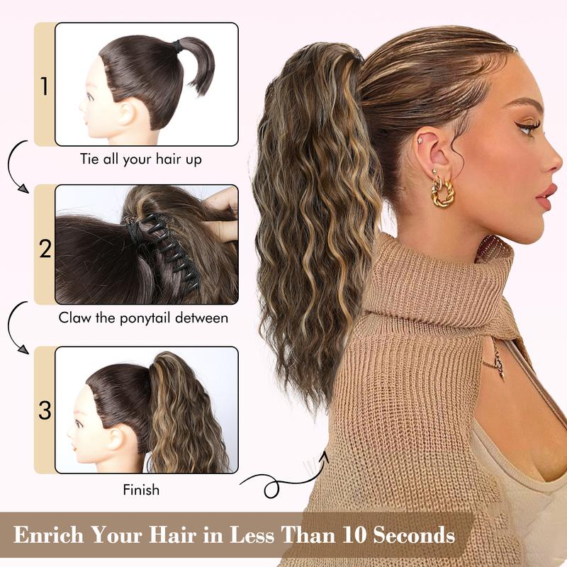 REECHO Ponytail Extension, 18 Inch Claw Clip on Ponytail Extension for Women Long Curly Wavy Ponytail Extensions Multi-Layer Synthetic Clip in Ponytail Hairpiece for Daily synthetic ponytail