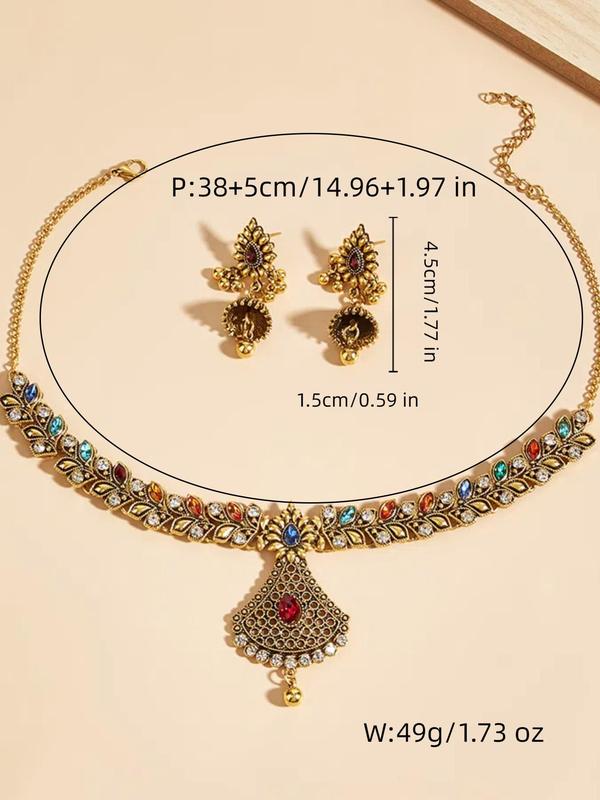 Women's Elegant Boho Style Jewelry Set, Exquisite Trendy Rhinestone Decorated Pendant Necklace & Dangle Earrings, Chic Jewelry Set for Party Decoration