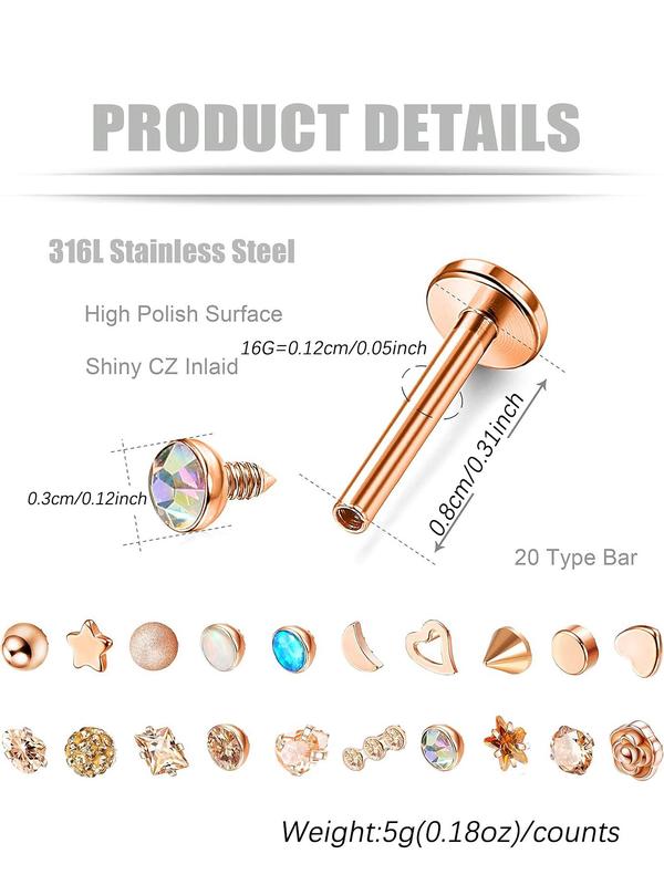 Stainless Steel Forward Helix Monroe Labret Lip Nose Studs, Cz Balls Heart Flower Medusa Piercings, Body Jewelry for Men Women