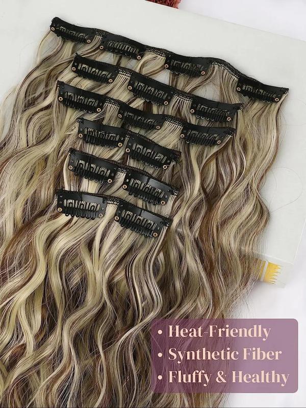 6pcs set Women's Long Wavy Clip-in Hair Extensions, Natural Fluffy Curly Soft Synthetic Hair Extensions, Hairpieces for Daily Use