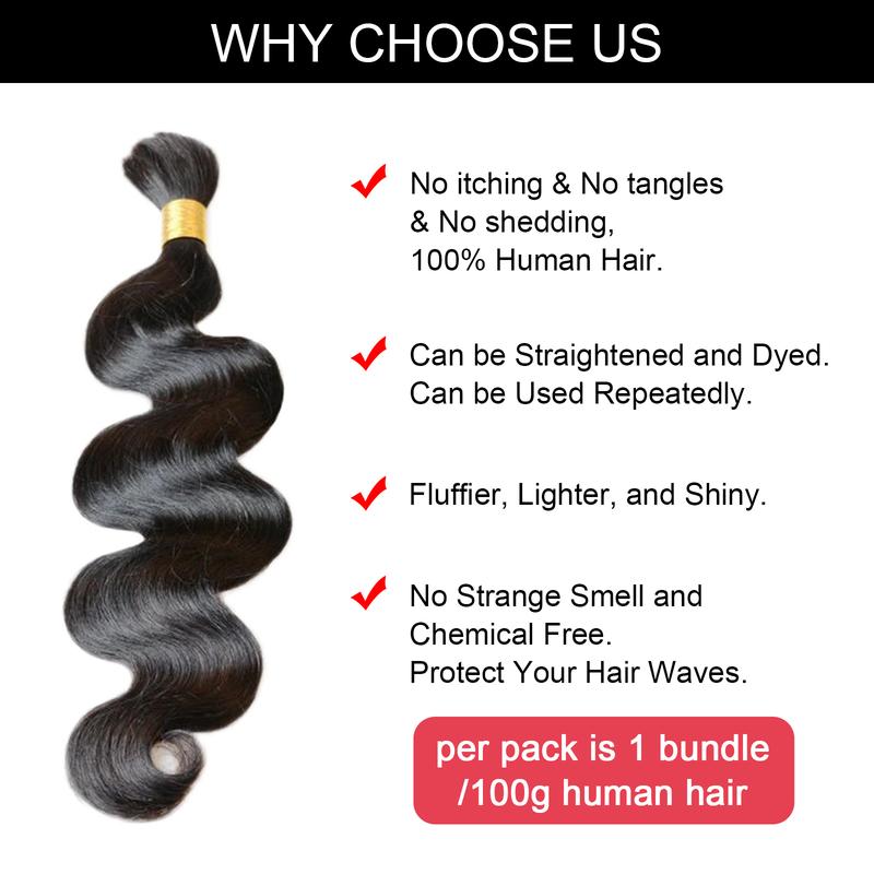 YGwigs Body Wave Bulk Braiding Hair Natural Black Human Hair Bundles Boho Braids - Cambodia Virgin Hair, Double Drawn, 100g Bundle