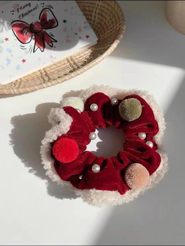 Cute Christmas Themed Hair Ties, 2024 New Style Plush Hair Ties with Pom Pom Decor, Fashion Hair Accessories for Women, Hairstyles Ideas for Girls