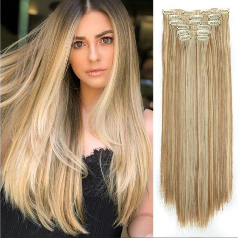 6pcs Pack 24 inch Clip in Hair Extensions Synthetic Hair Extensions 145g 6pcs Natural Straight Beginner Friendly Hairpieces for Women's Daily Wear for Any Occasion, Party, Club, Christmas, Natural Looking Soft, Smooth, Easy to Apply,  Great Christmas Gift