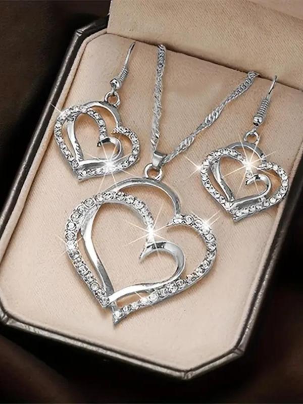 Rhinestone Decorated Hollow Heart Shaped Pendant Necklace & Dangle Earrings, 3pcs Exquisite Fashion Alloy Jewelry Set for Wedding Engagement Bridesmaid Outfit Prom, Holiday Gifts for Women