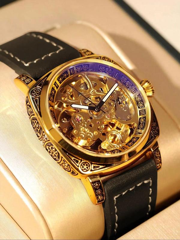 Men's Vintage Business Hollow Out Dial Mechanical Watch for Gift,  Watches for Men Fashion Watch for Party, Daily Clothing Decor, Trendy All-match & Exquisite Watch for Gift with Box