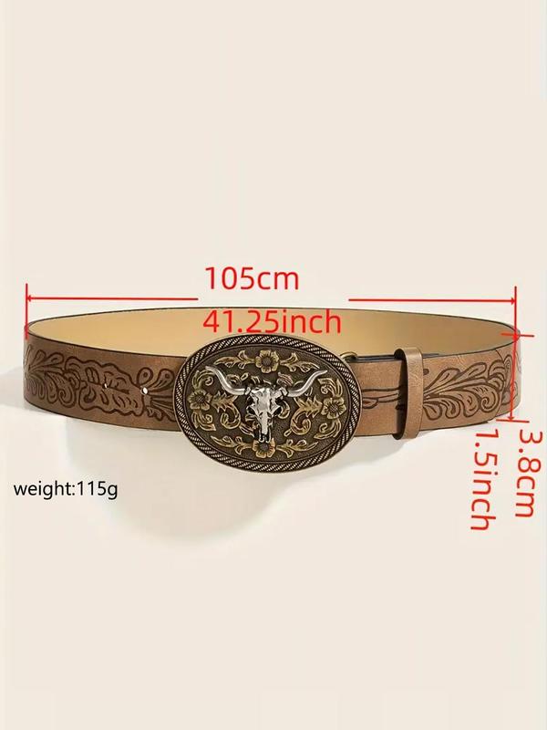 Western Cow Head Buckle Belt, Punk Style Vintage Belt for Women, Fashion PU Leather Belt for Daily Clothing Decor, Trendy All-match & Exquisite Belt for Birthday Gift