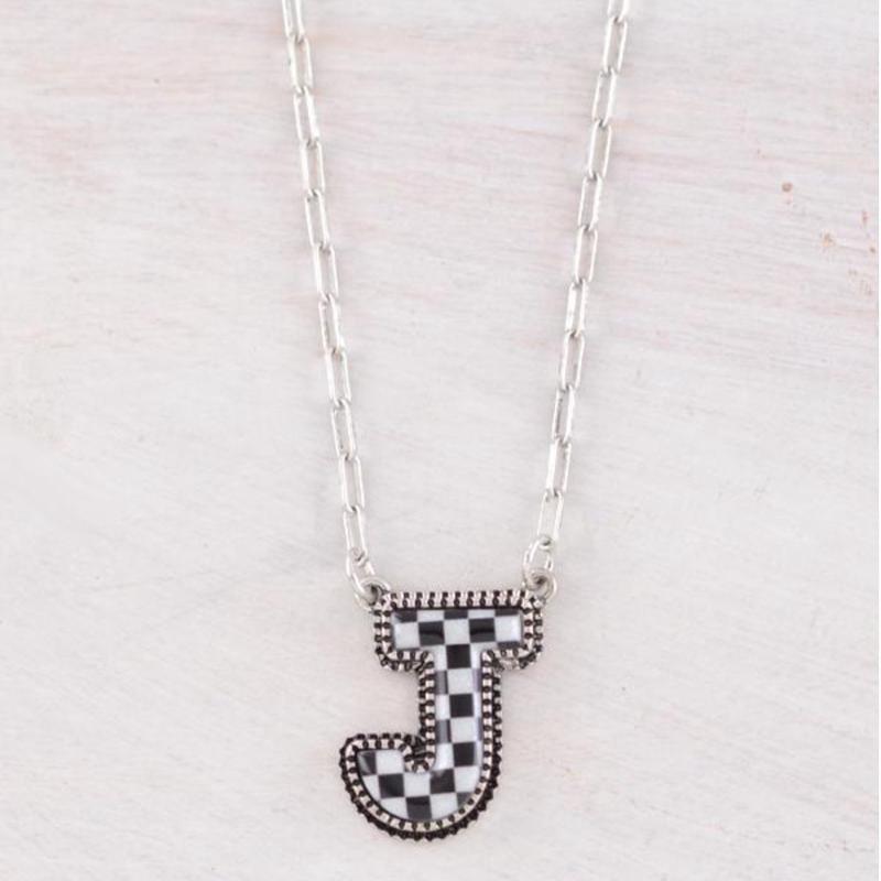 Checkered Initial Pendant Necklace with Lobster Claw Closure - 18 Inches