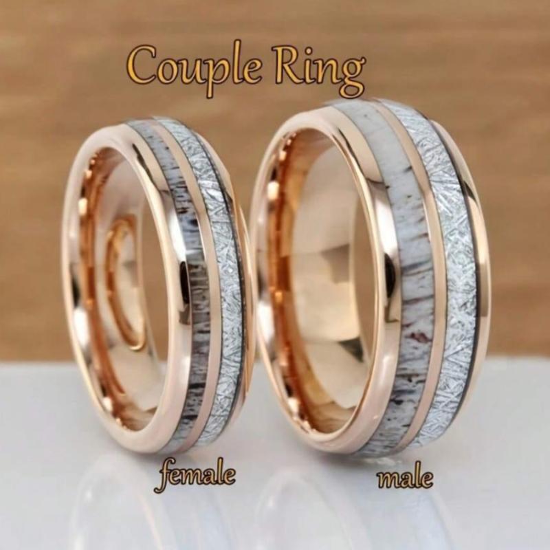 Stainless Steel His and Her Wedding Ring Set with Imitation Meteorite and Deer Antler Design