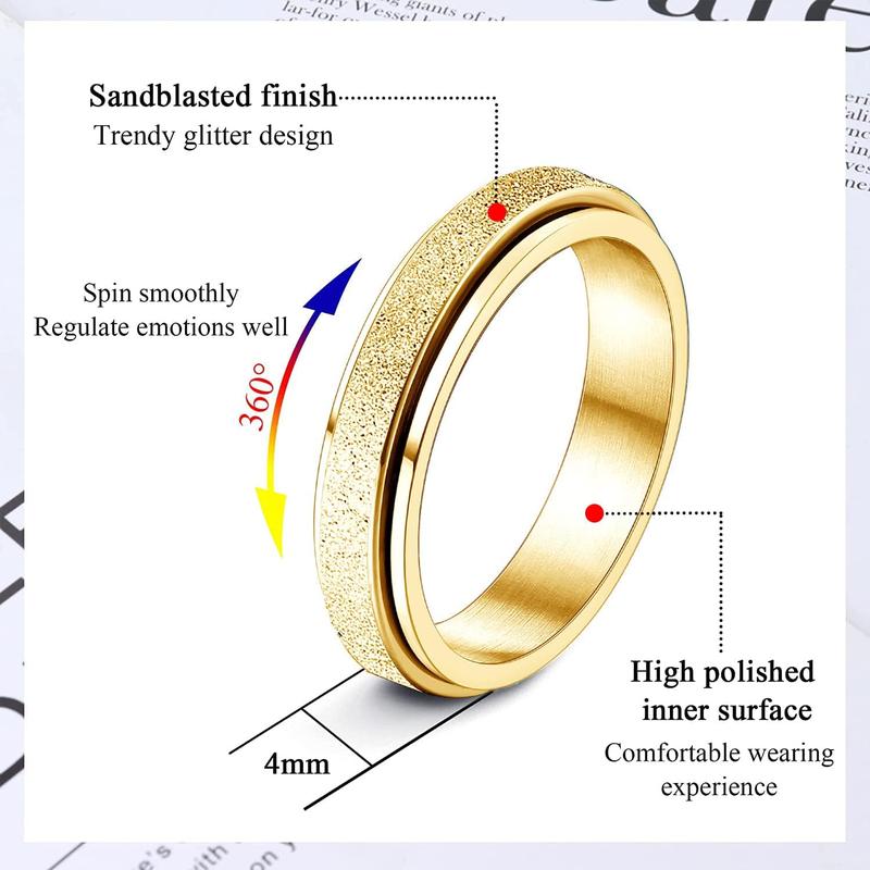 Fidget Rings for Women Men -2 4mm Titanium Steel Spinner Ring for Anxiety Stress Relief Glitter Sandblast Spinning Figit Anxiety Jewelry for Women Gifts