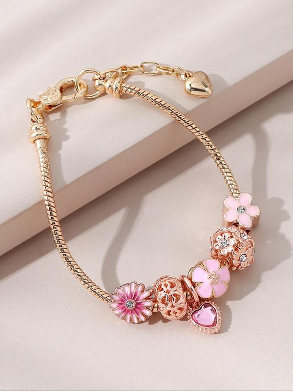 2024 Summer Women's Cute Rhinestones Flower Decorated Link Bracelet, Heart Charm Alloy Jewelry for Women, Classic Fashion Accessories for Daily, Back To School Gifts for Women and Girls